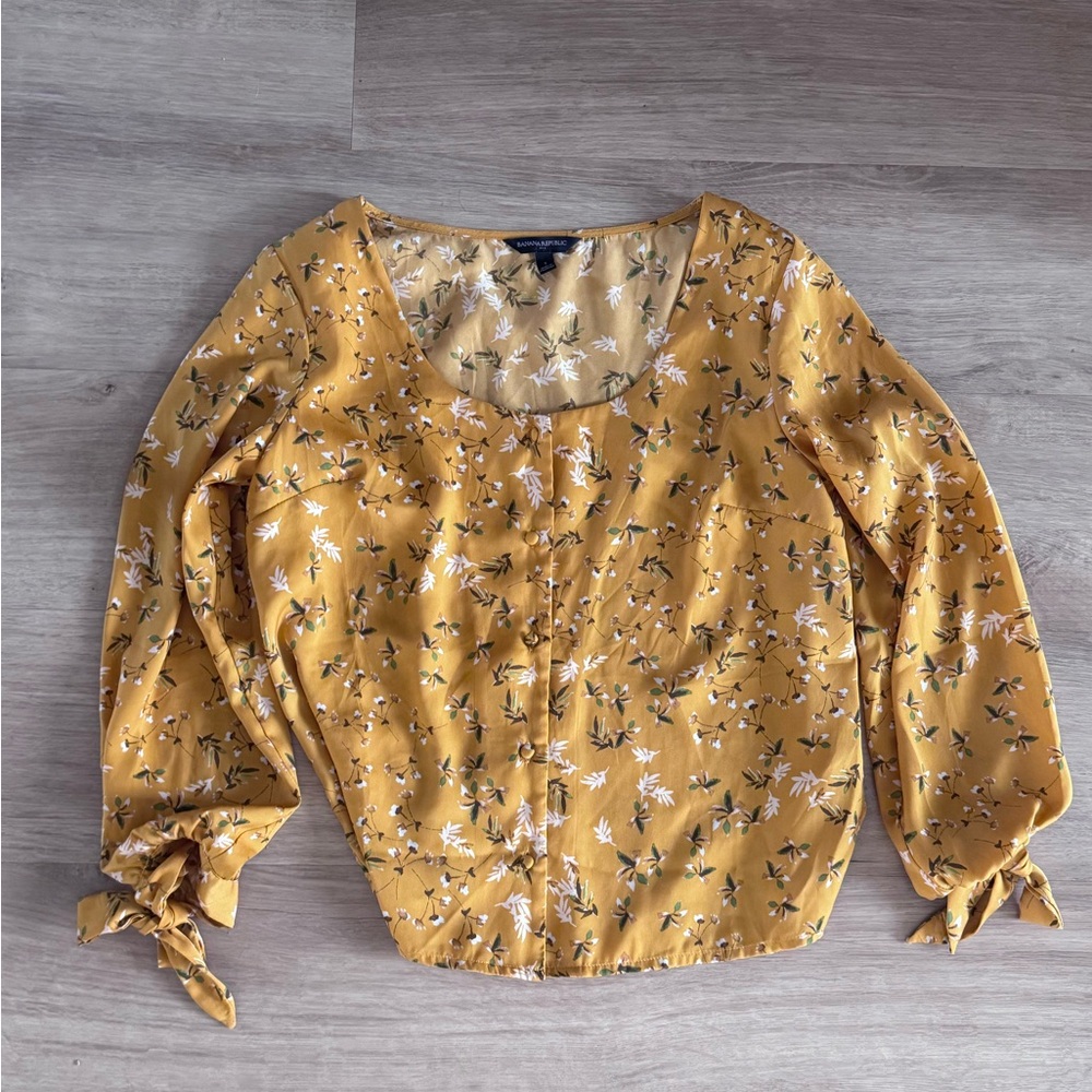 Banana Republic Mustard Yellow Floral Tie-Cuff Blouse